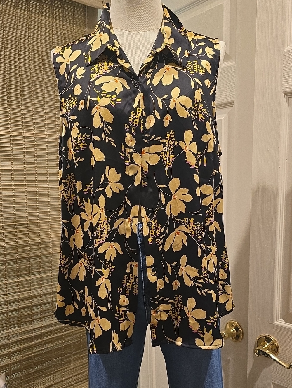 CAbi Black Sleeveless Button-Front Blouse with Yellow Floral Print